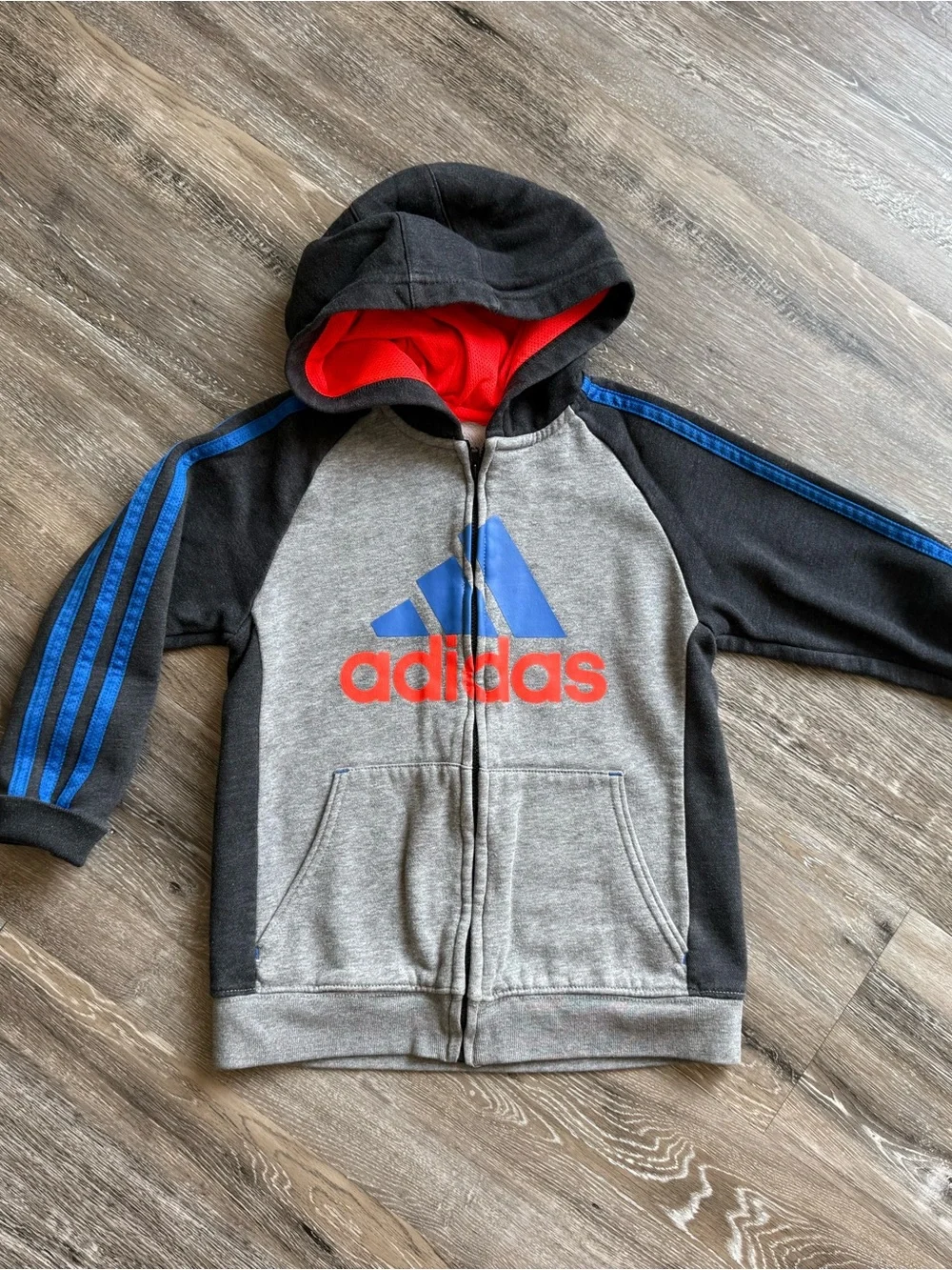 🧸 adidas | Kids' Grey & Black Zip-Up Hoodie with Blue Logo